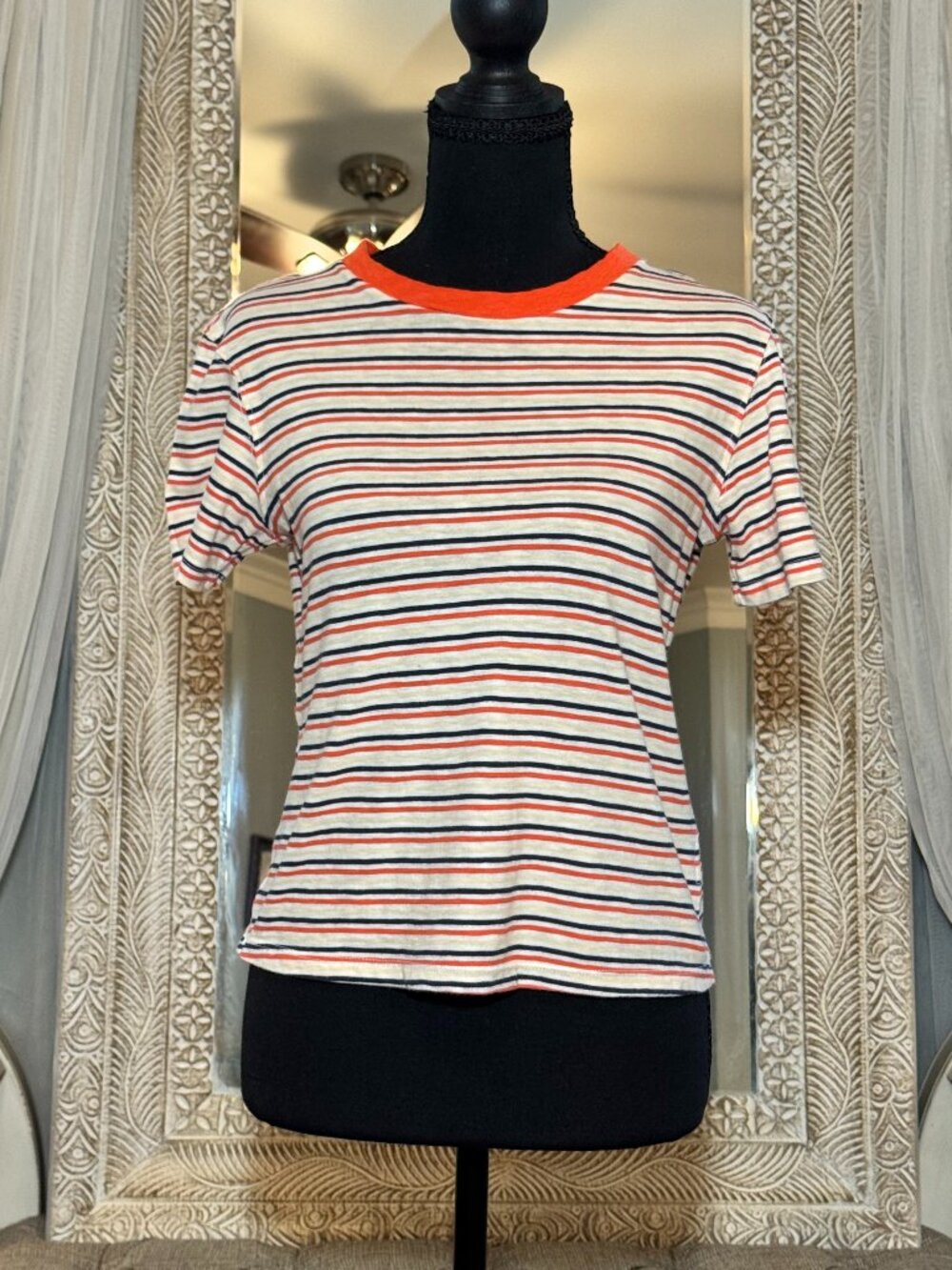 Aerie Striped Ringer Tee Orange Navy Yellow 100% Cotton XS